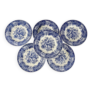 Set of 6 blue earthenware soup plates, floral and bird decoration, early