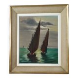 Tableau ancien à l'huile représentant une scène marine.