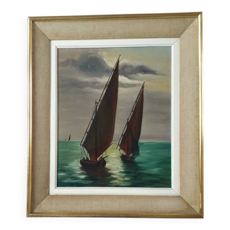 Antique oil painting depicting a marine scene.