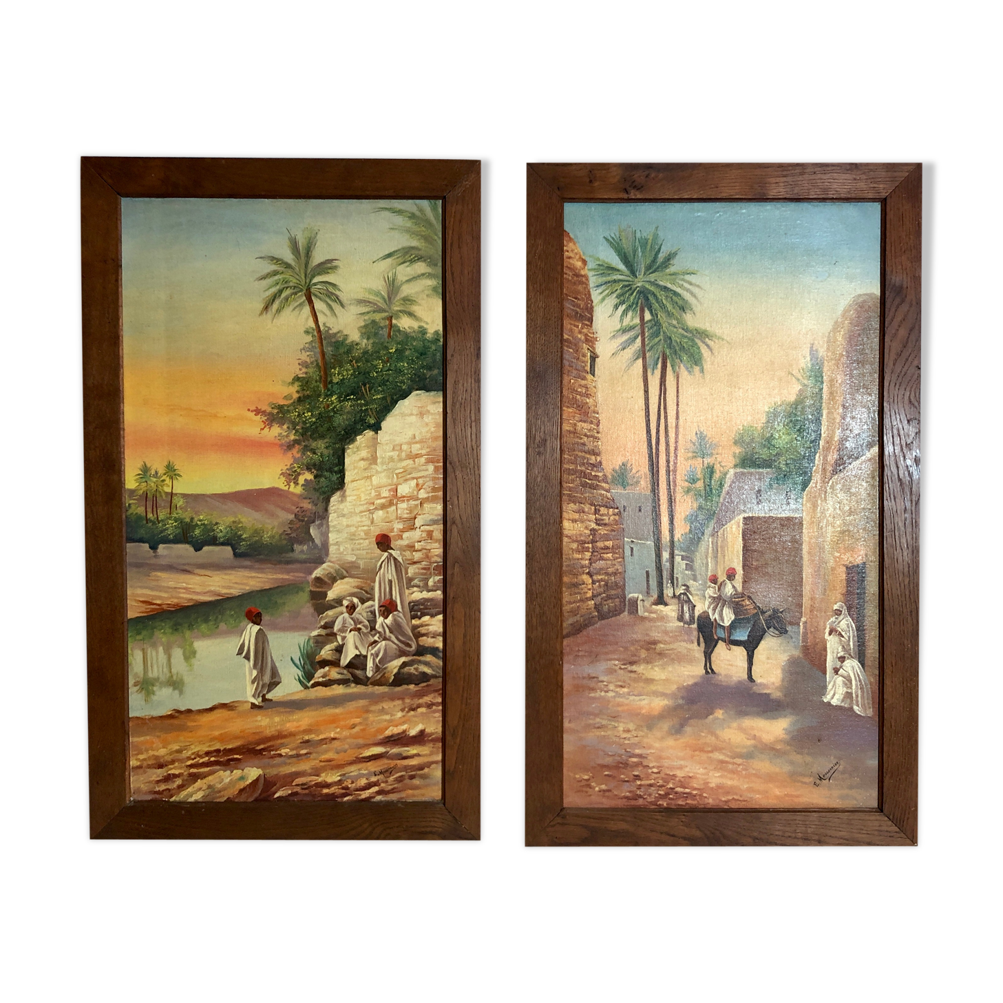 Pair of oils on orientalist canvas, 20th century