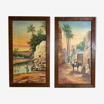 Pair of oils on orientalist canvas, 20th century