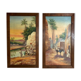 Pair of oils on orientalist canvas, 20th century