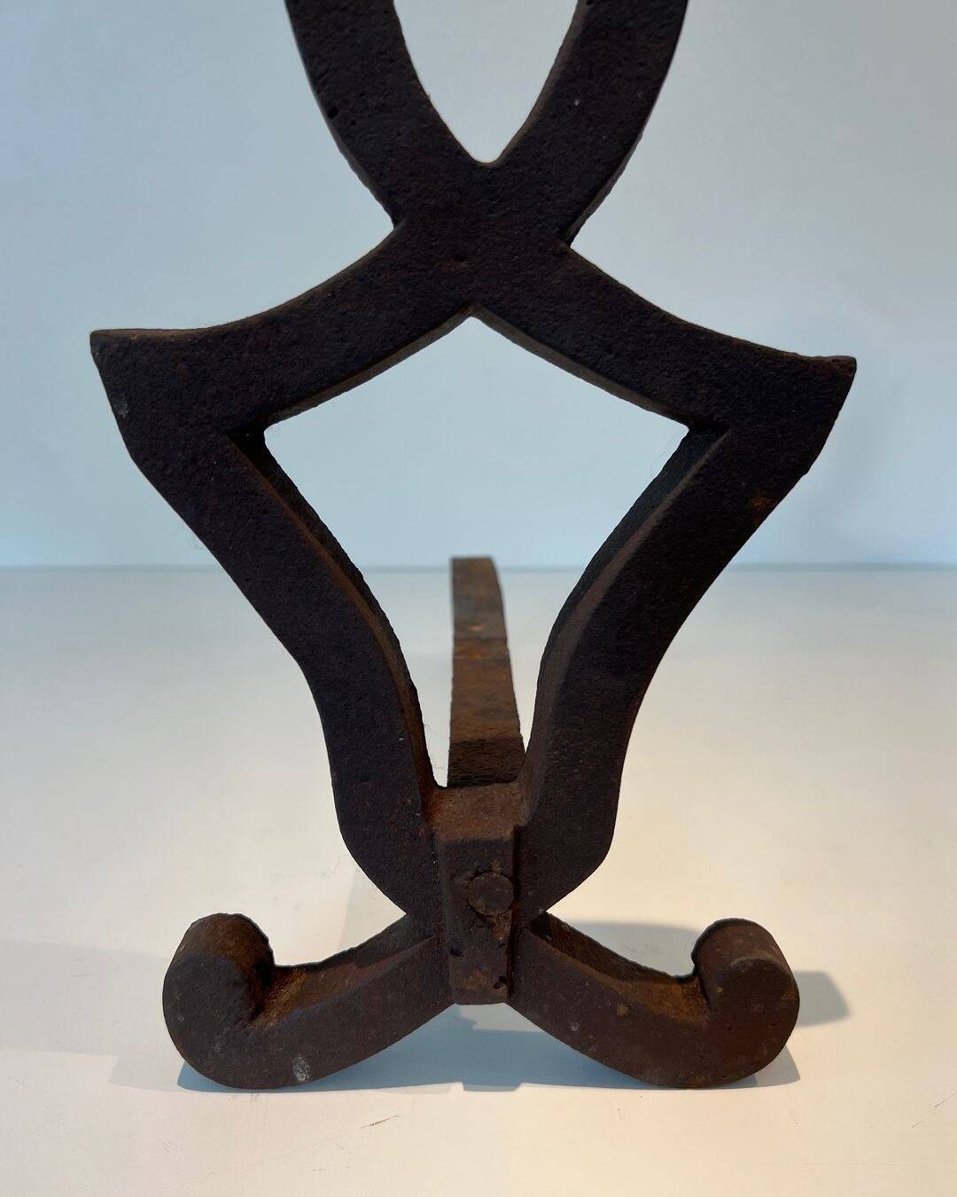 Pair of Modernist Andirons in Cast Iron with Stylised Figure Supports, by Ray