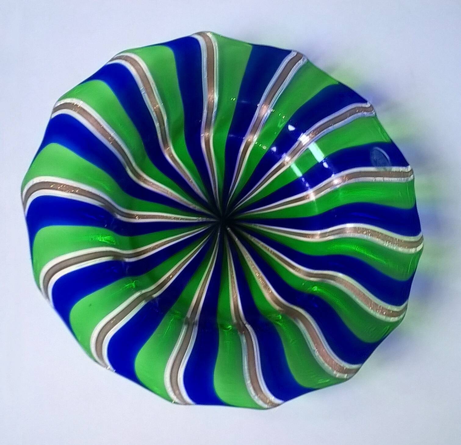 Centerpiece, vintage fruit bowl in murano glass blue green gold furlan