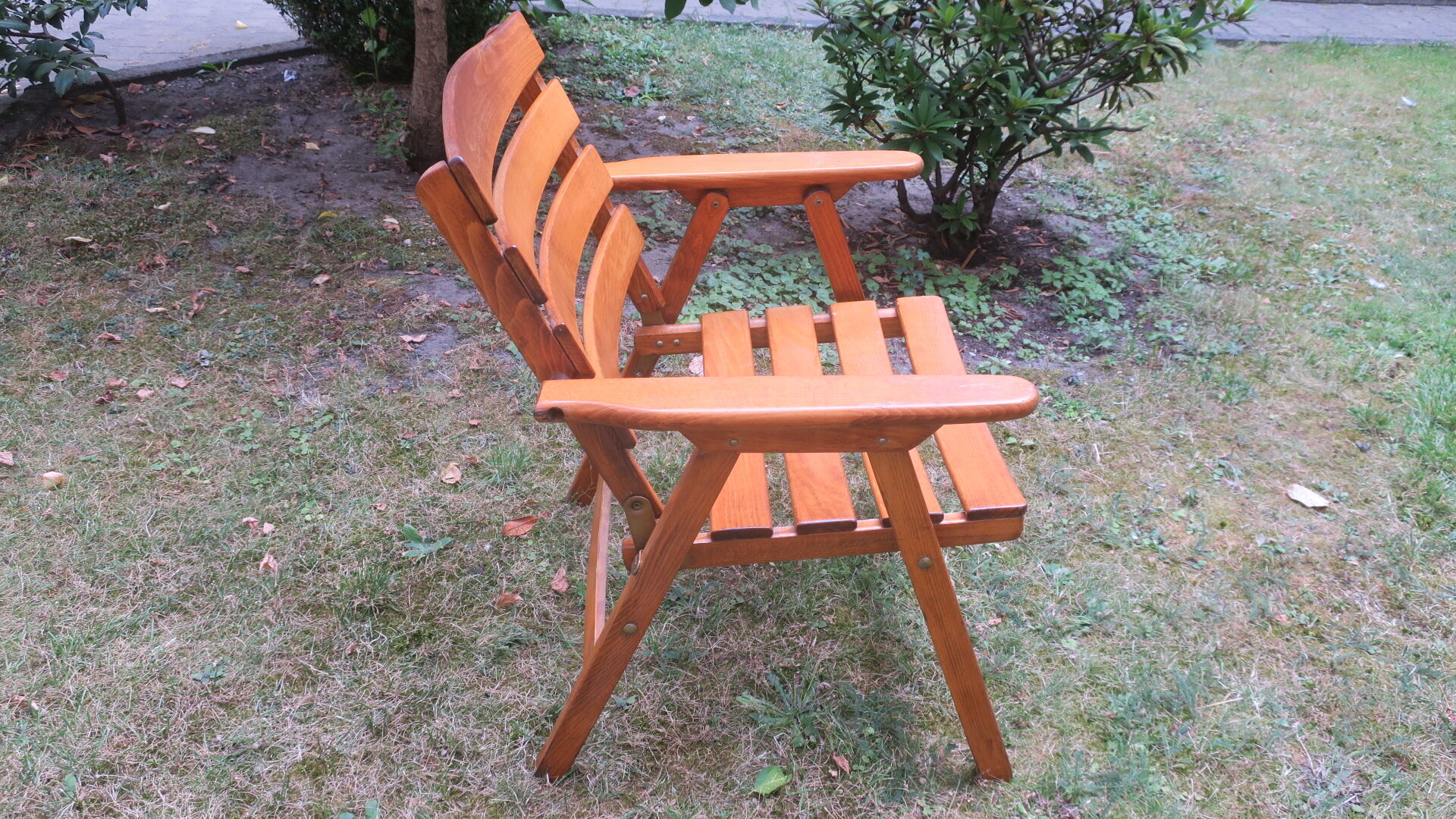 Mid century patinated wood folding garden or patio elbow chair, 1960s