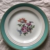6 assiettes plates Ceranord Saint Amand Beaugency fleurs bords dorés et vert menthe