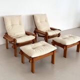 Salon de campagne italien en chêne avec nouveau revêtement en tissu bouclé, années 1970