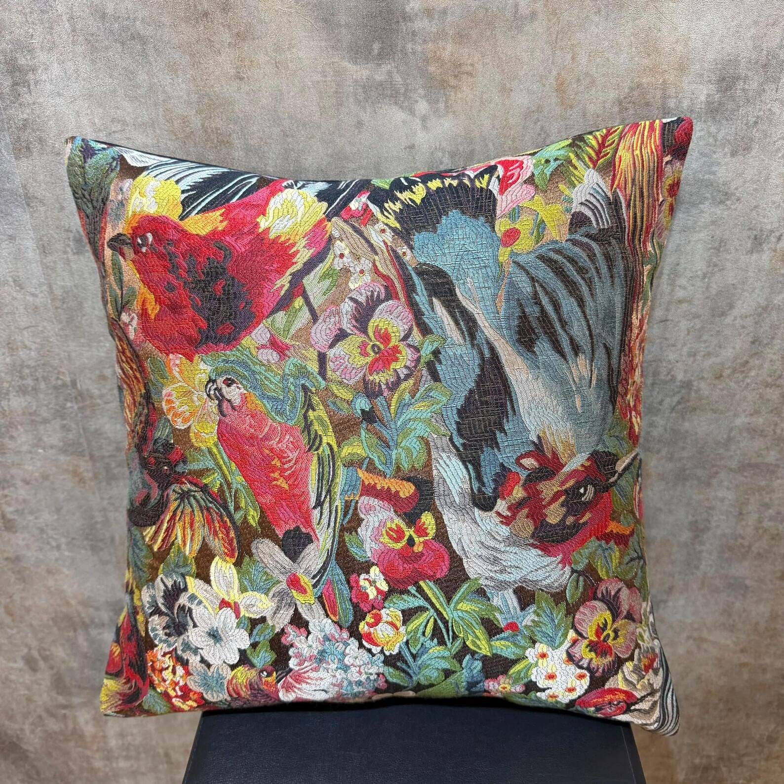 Woven Cushion, Crimson Macaw Parrot Jacquard, Dark Ground Pillow Cover