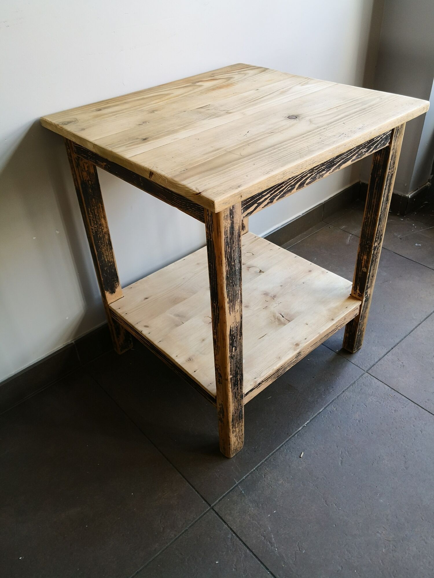 Vintage wooden side table, entrance console, square pedestal table 2 floors.