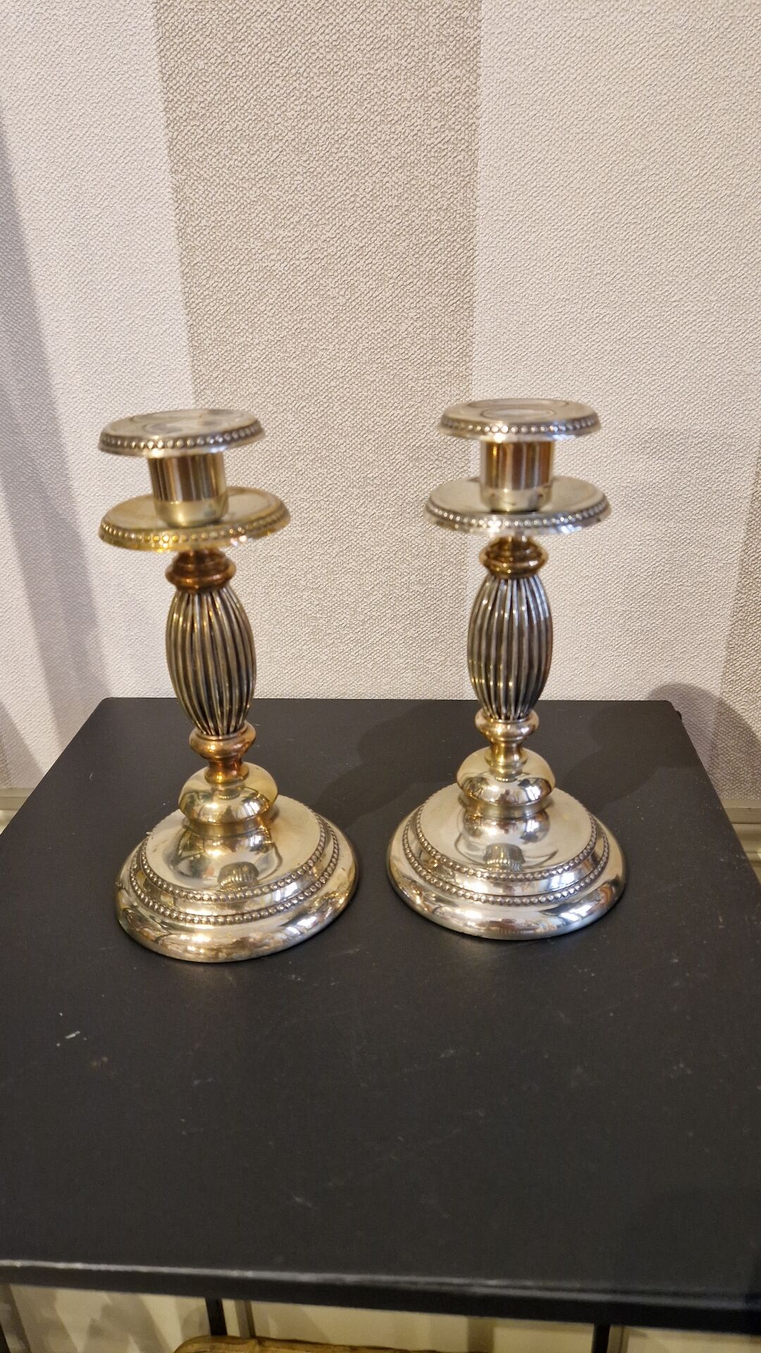 Pair of vintage silver-plated metal candlesticks