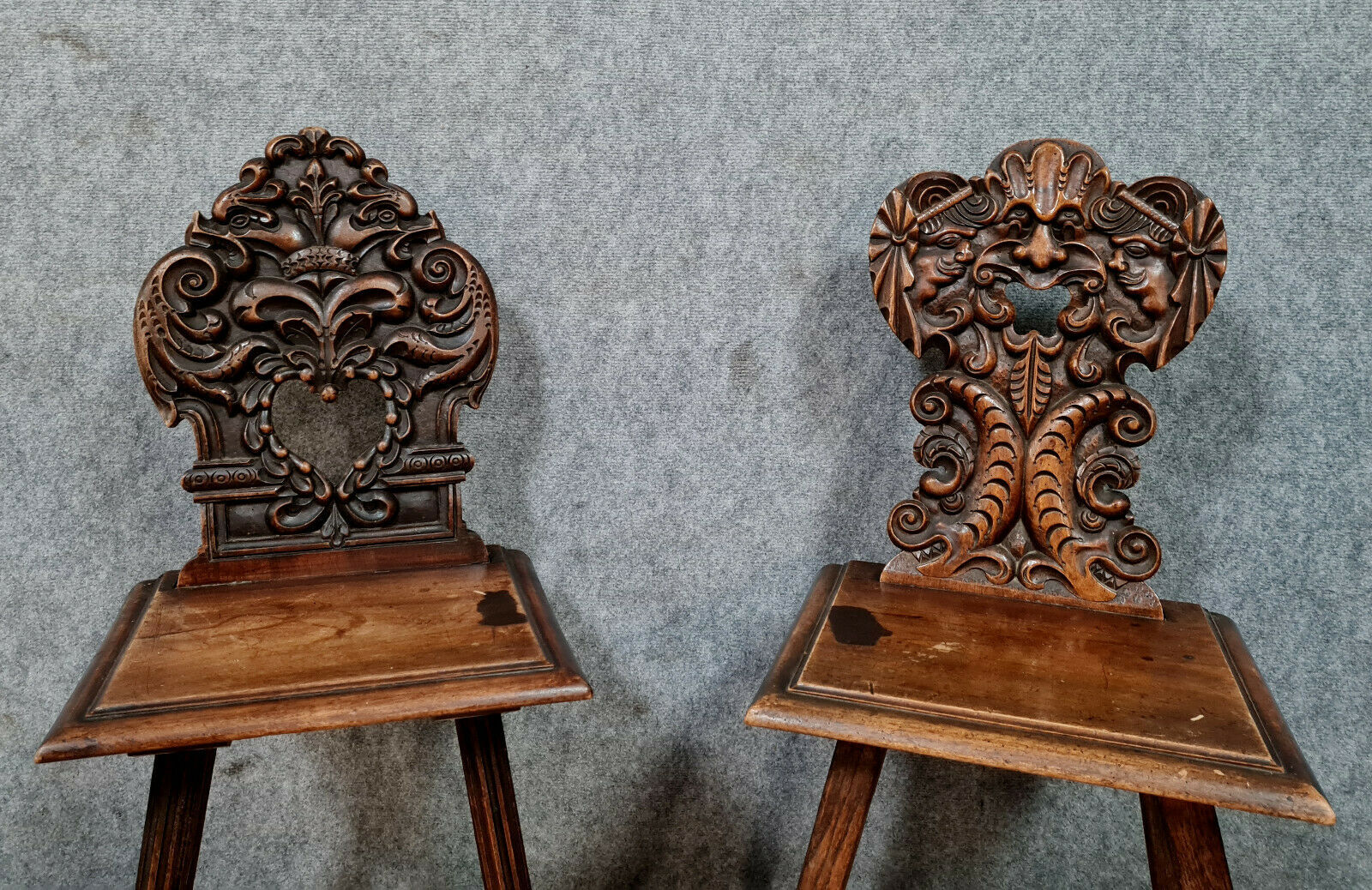 Set of chairs called Sgabello Renaissance style in solid walnut around 1850