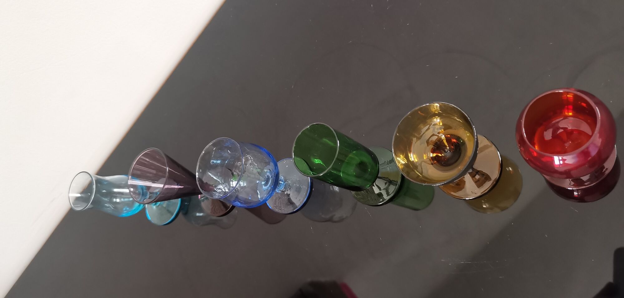 Set of 6 old liquor glasses on mismatched feet