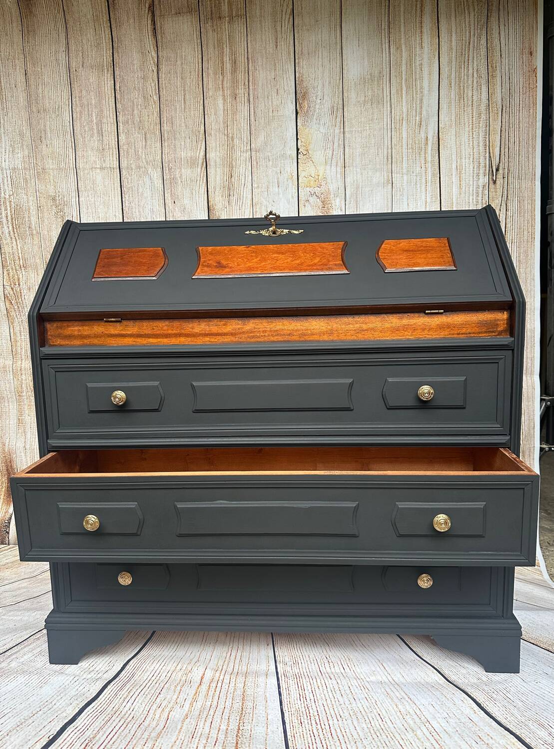 Wooden and black secretary desk