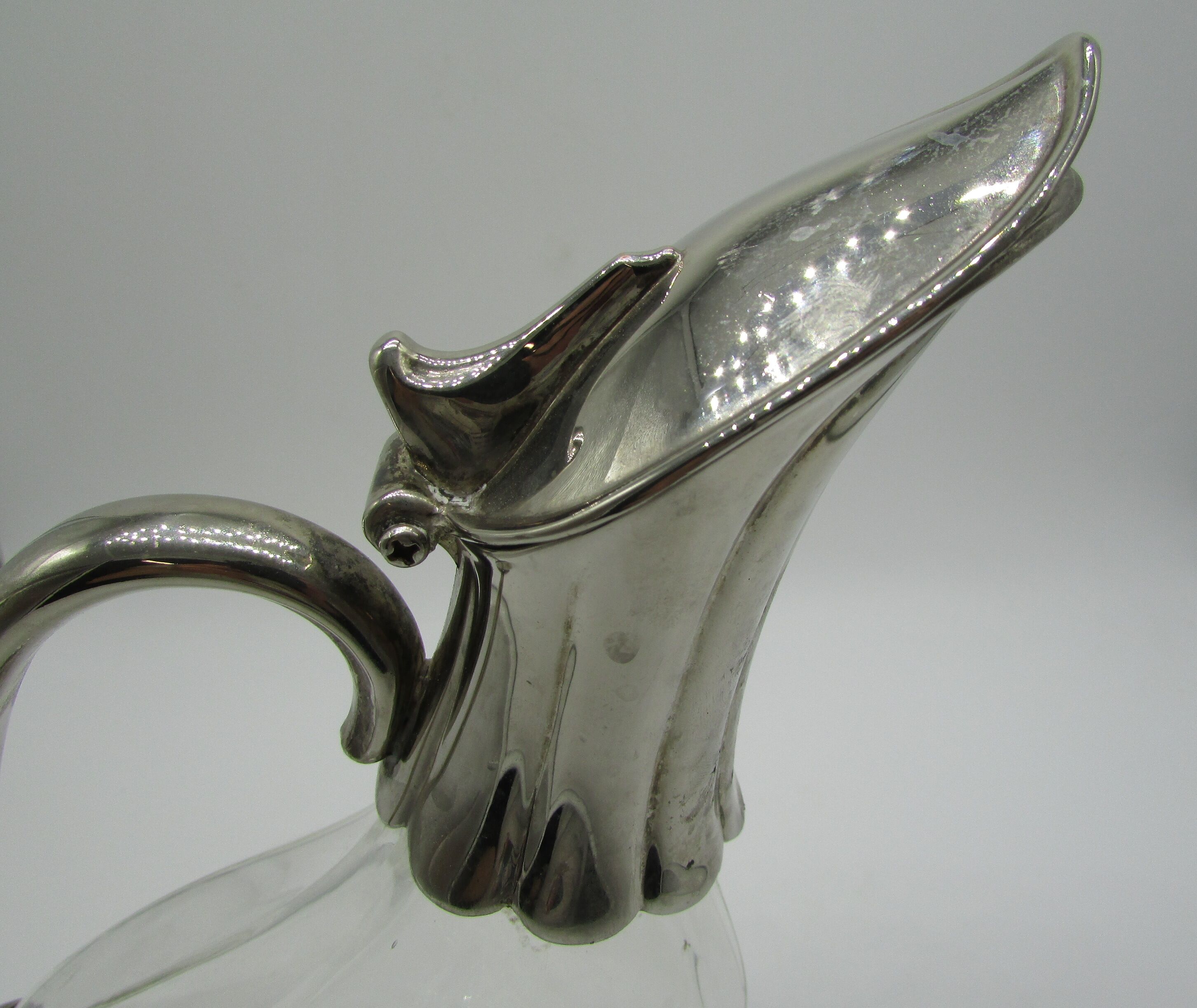 Decanter carafe glass and silver metal duck shape