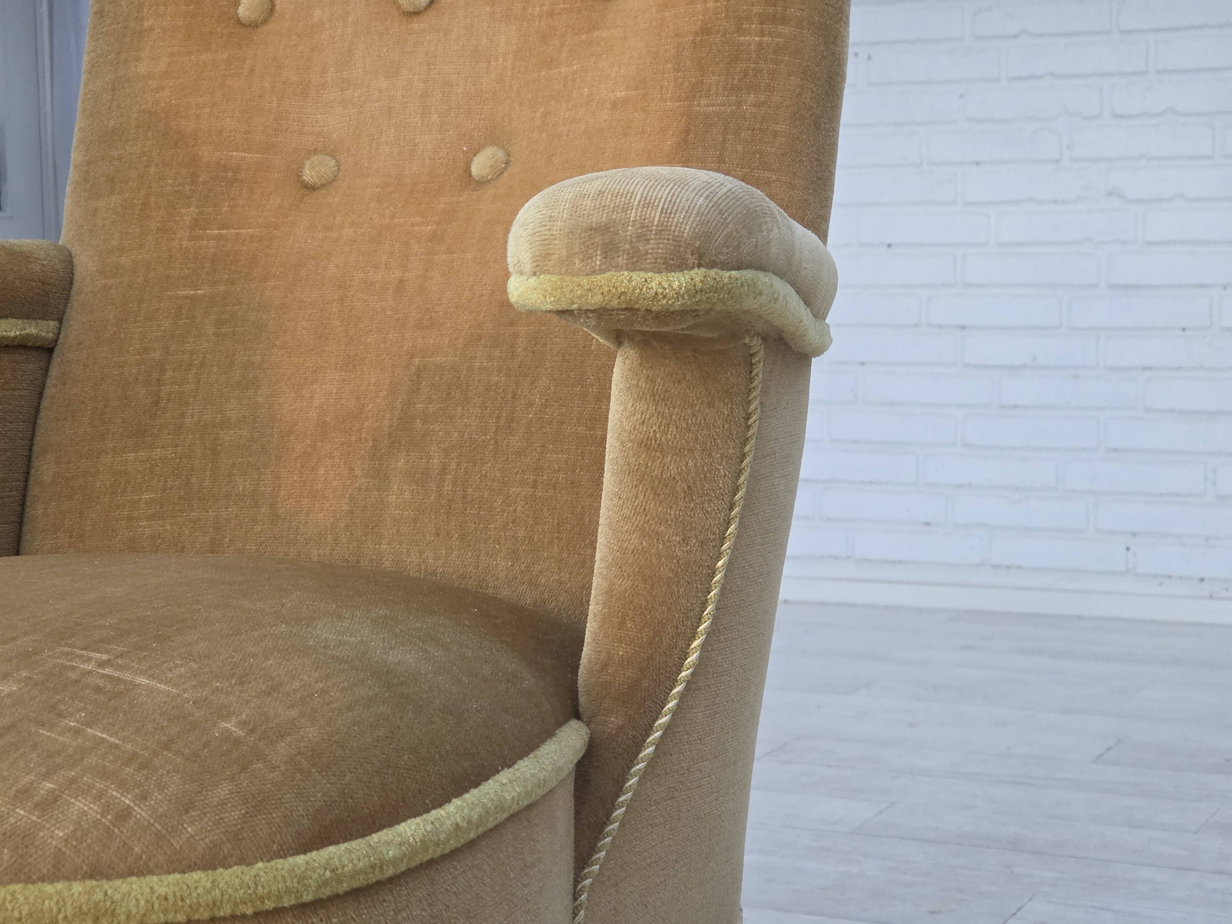 1950s, Danish armchair, furniture velour, ash wood legs.