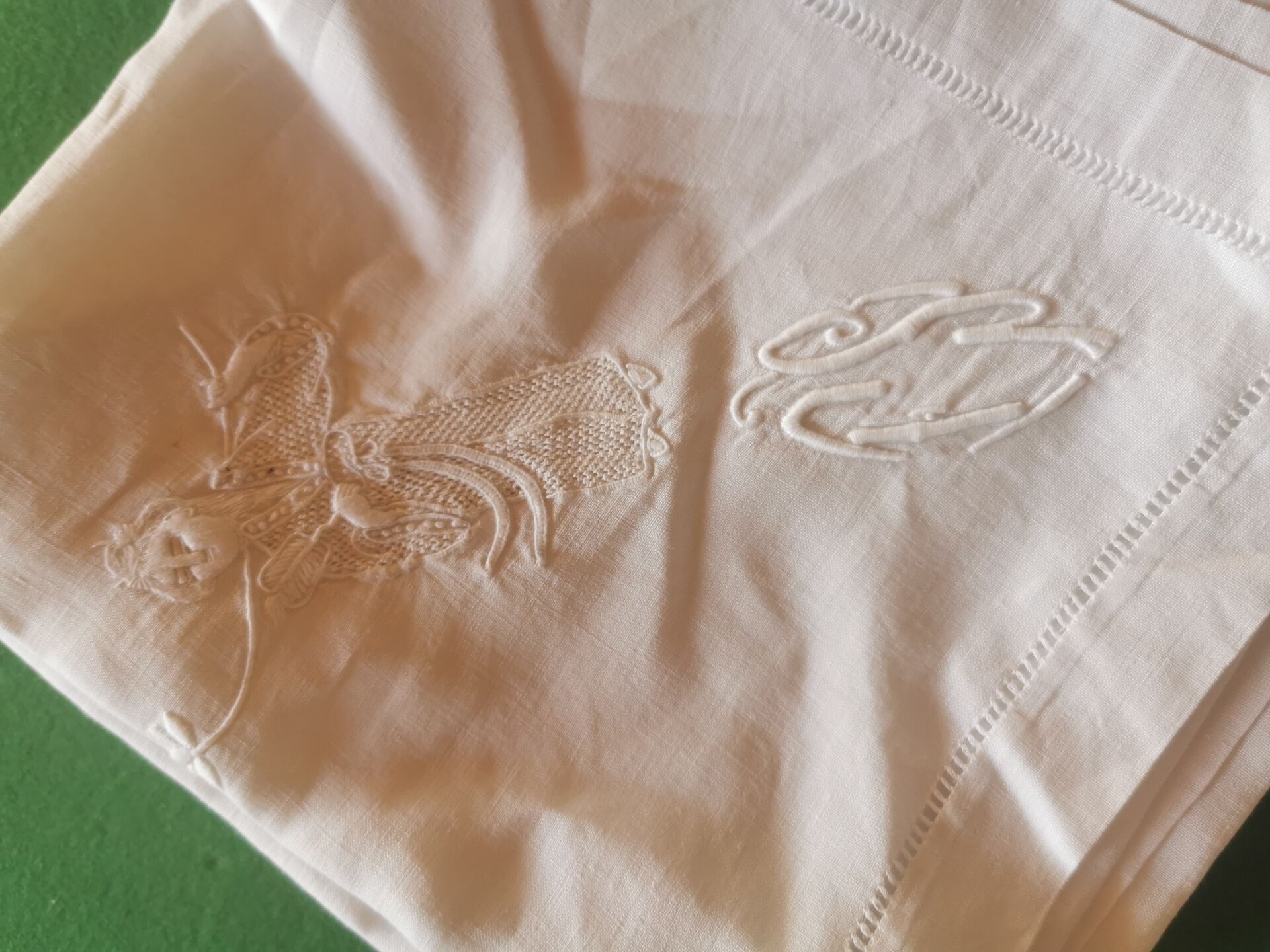 12 old damask linen napkins with a monogram