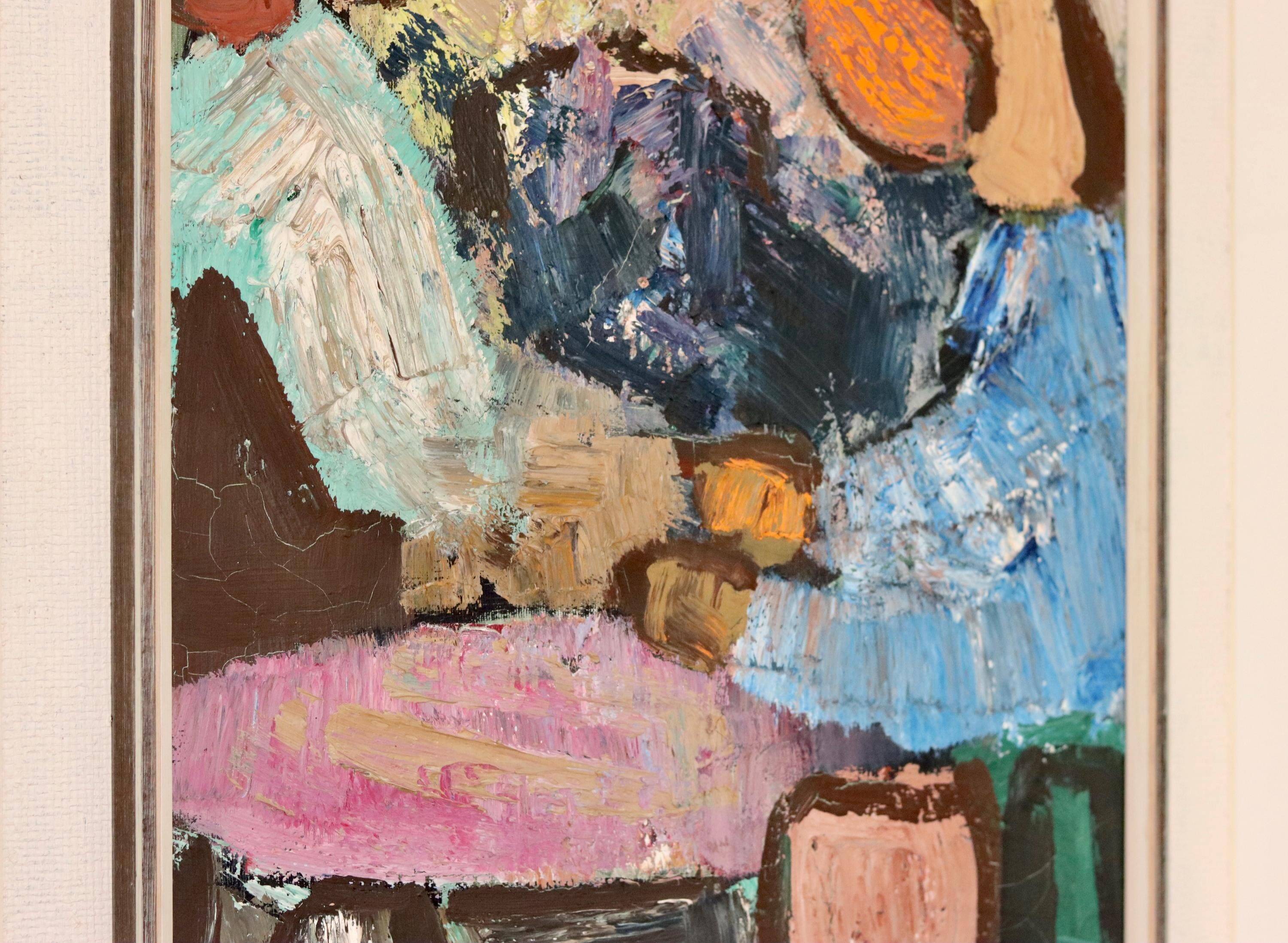 Grande peinture à l'huile moderniste suédoise « Mère et fille » par Gösta Falck vers 1960 - Vintage et encadrée