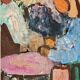 Grande peinture à l'huile moderniste suédoise « Mère et fille » par Gösta Falck vers 1960 - Vintage et encadrée