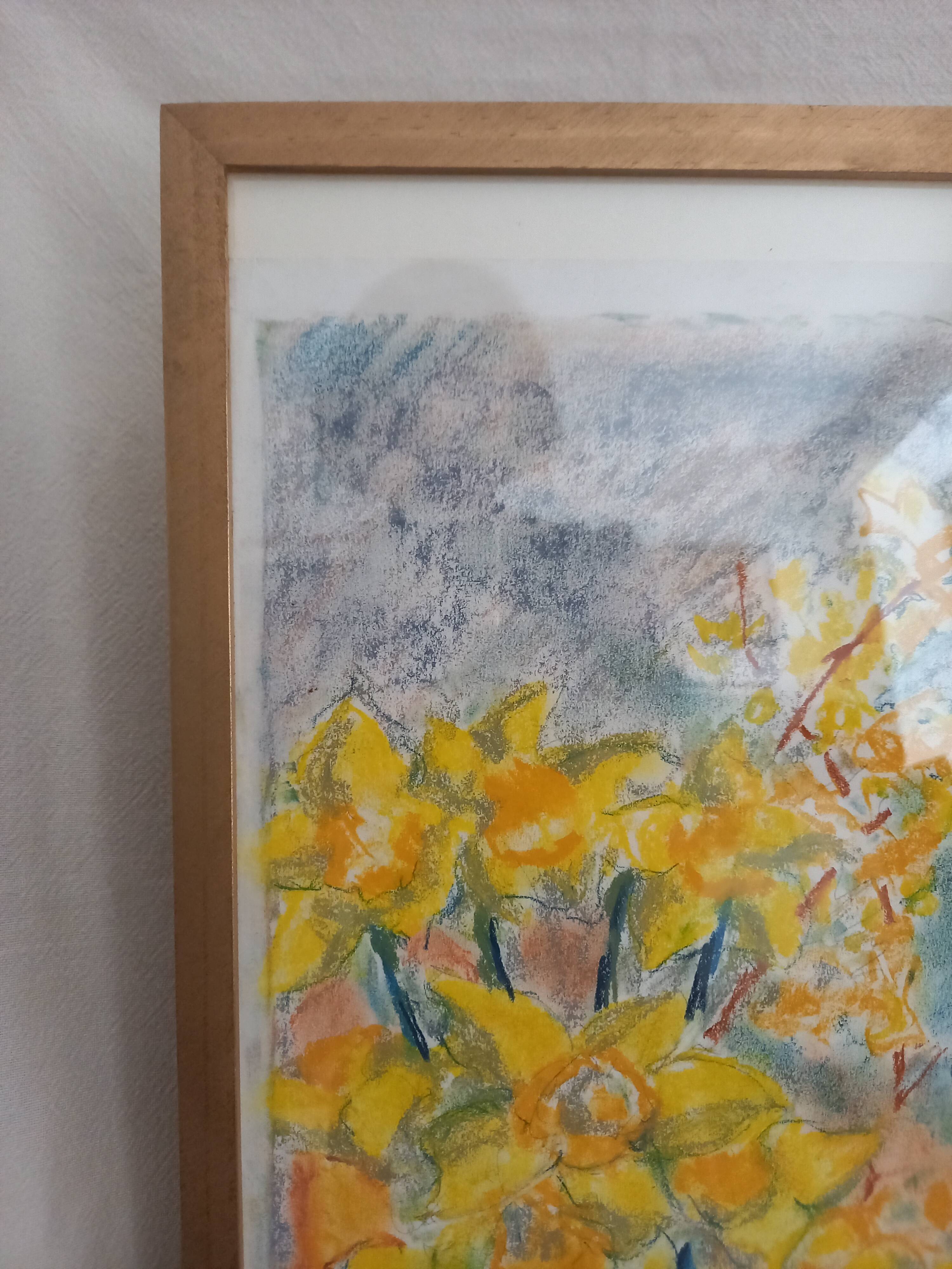Still life in pastel, bouquet of flowers, spring, daffodils