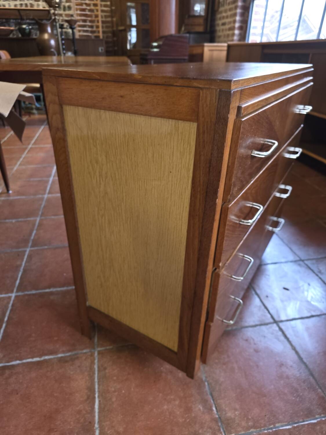 Vintage oak chest of drawers with herringbone patterns from the 1960s.