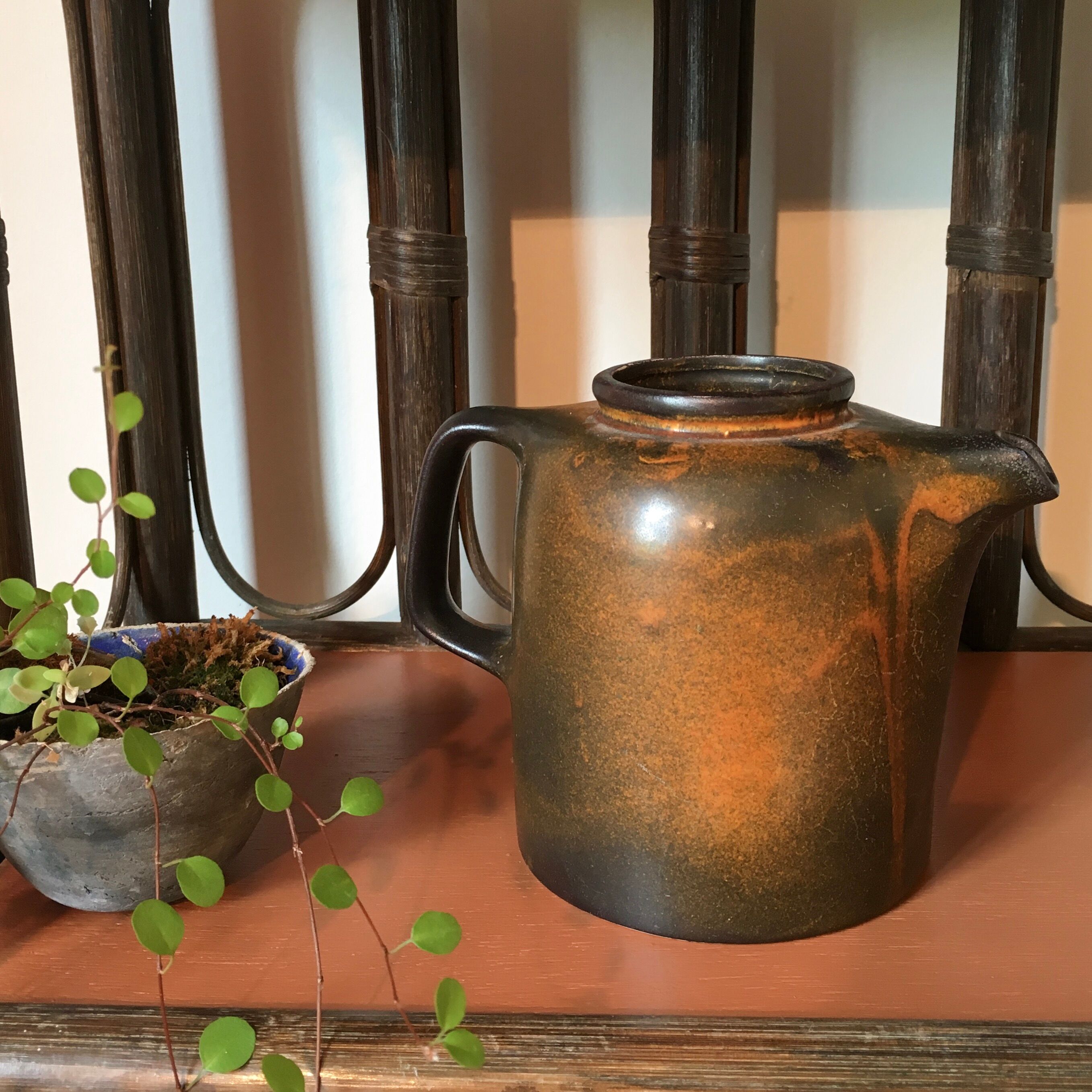 Beautiful sandstone teapot enamel brown and orange