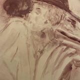 Signed painting monochrome watercolor caput mortum female portrait "Belle époque"
