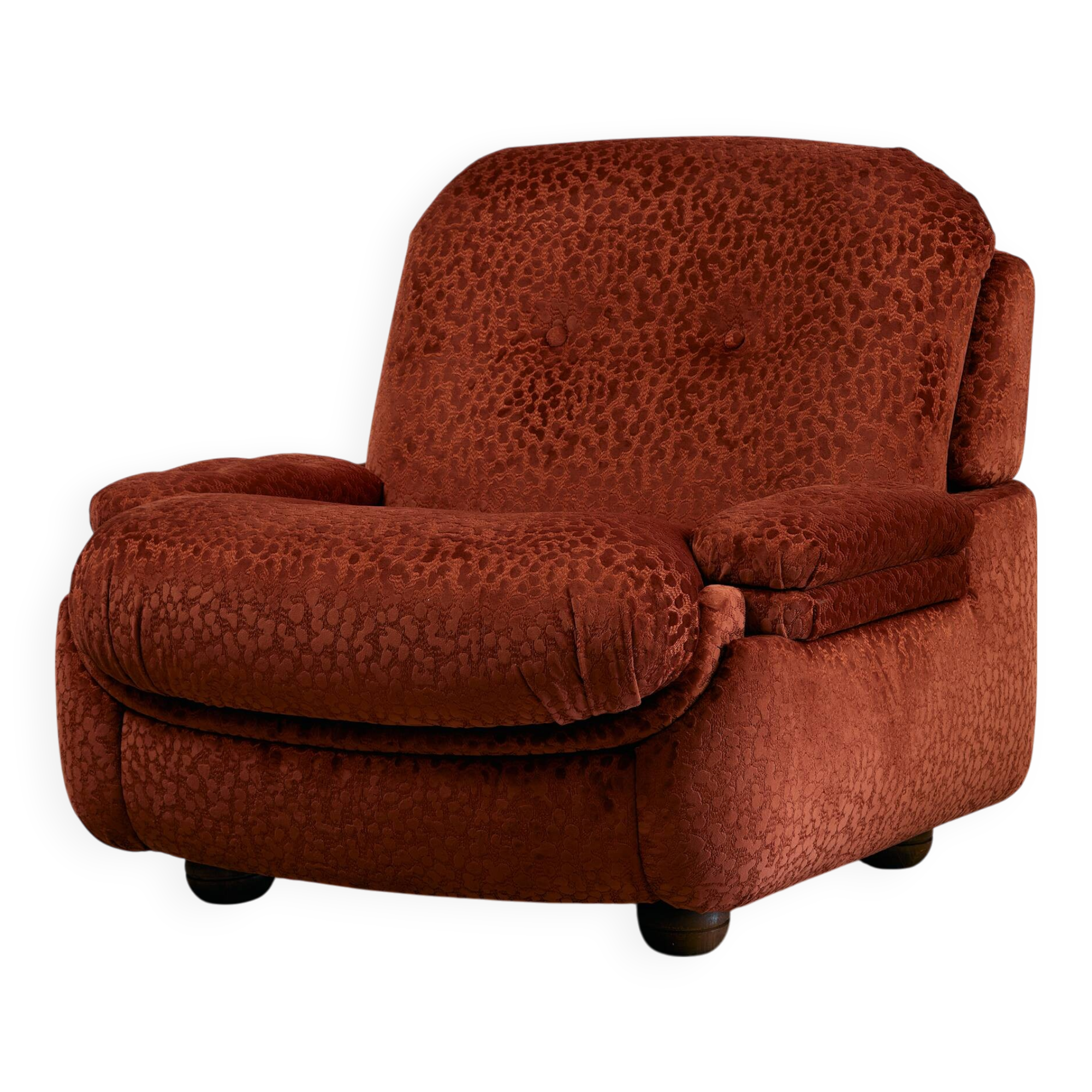 Velvet Armchair with Rounded Wooden Legs, 1970s