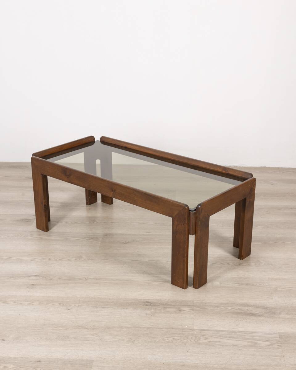 Vintage 70's table in wood and glass design Afra e Tobia Scarpa