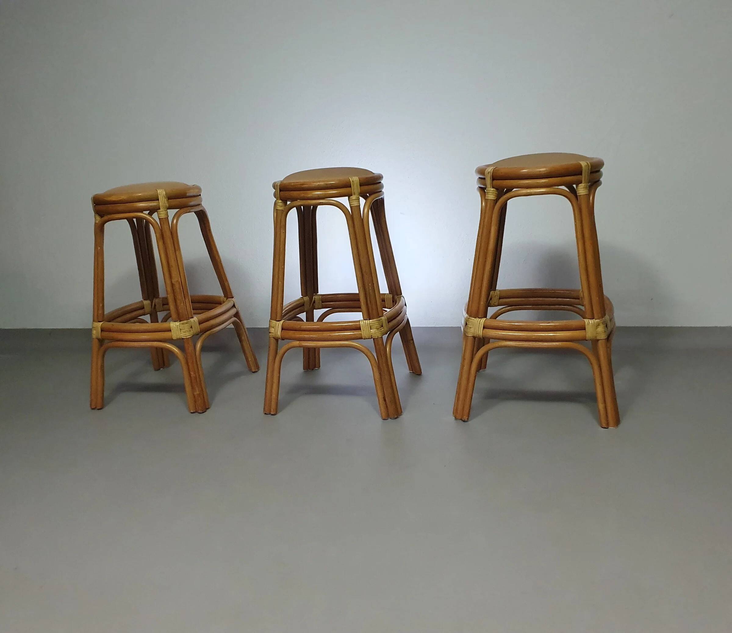 3 x bamboo stool with leather laces / 70s
