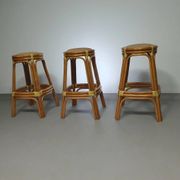 3 x tabourets en bambou avec lacets en cuir / années 70