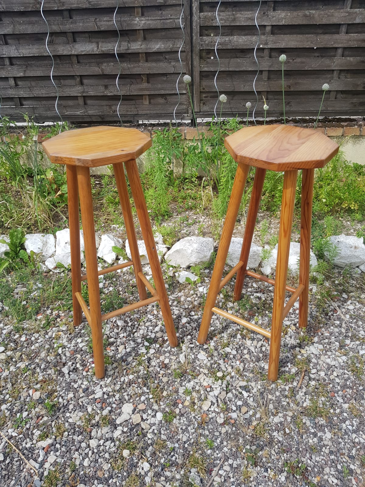 Pair wooden top stool seated bar hexagonal vintage