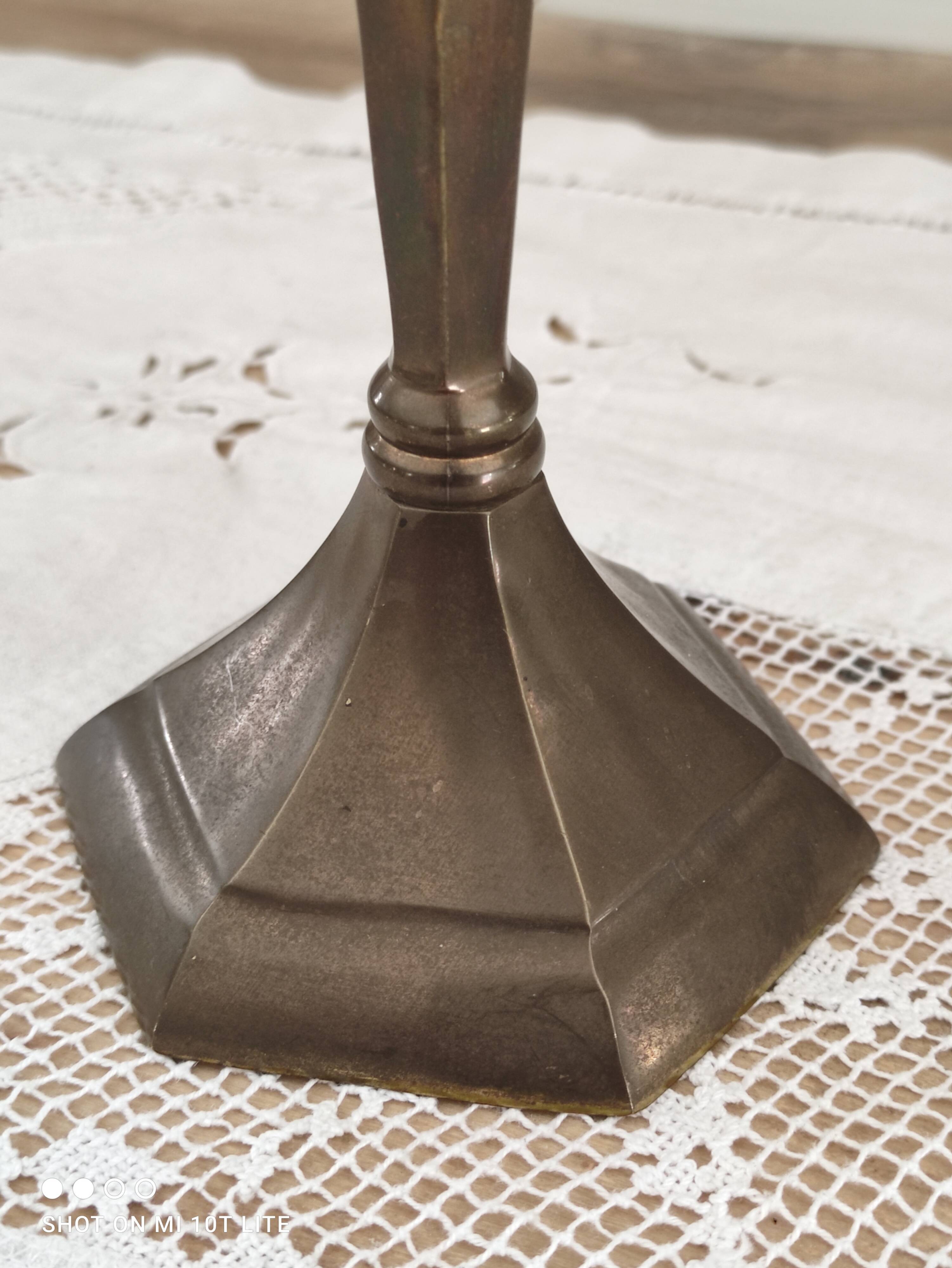 Brass candle holder high hexagonal foot