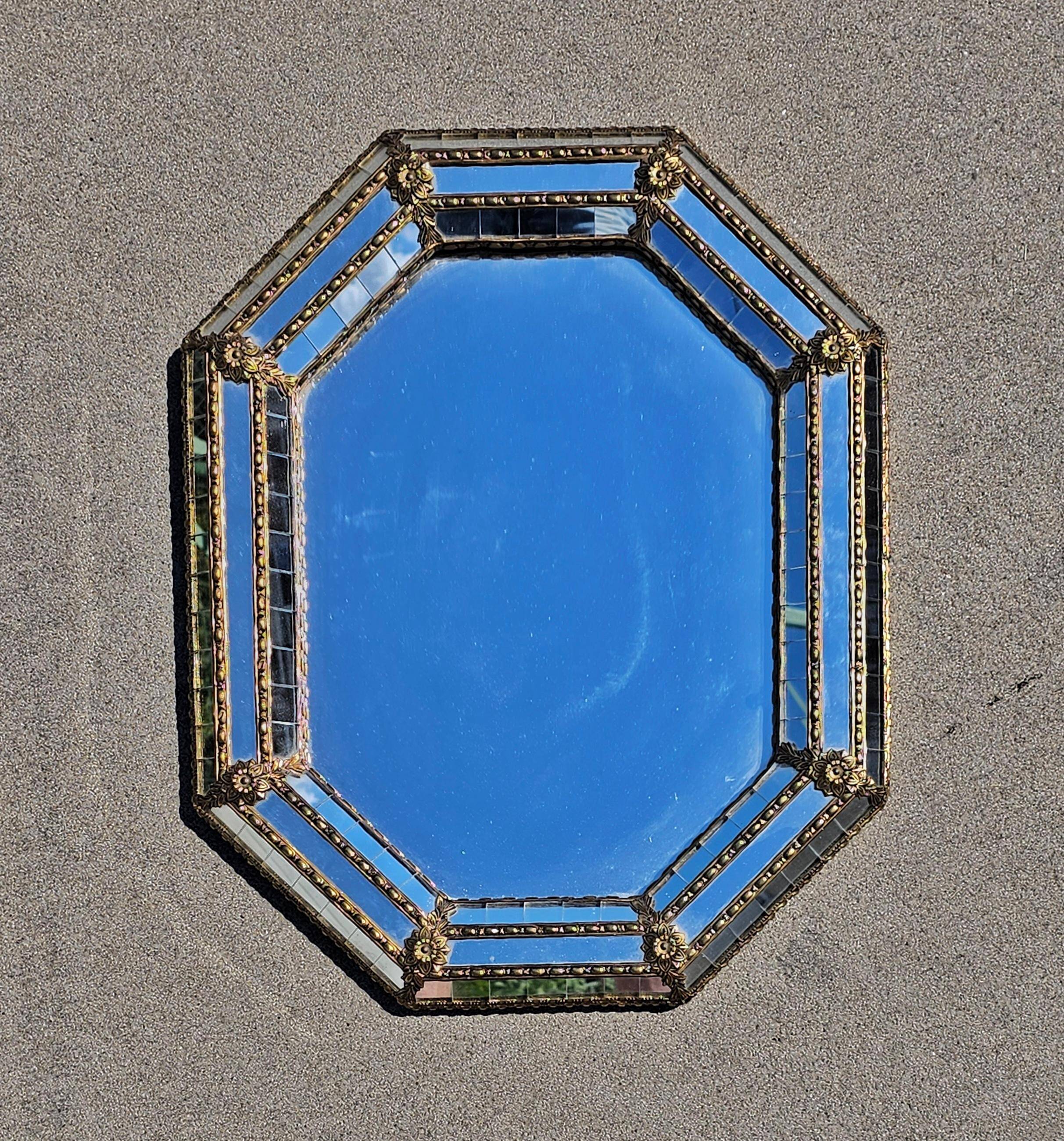 Octagonal Hollywood Regency Mirror with Floral Brass Accents, 1970s