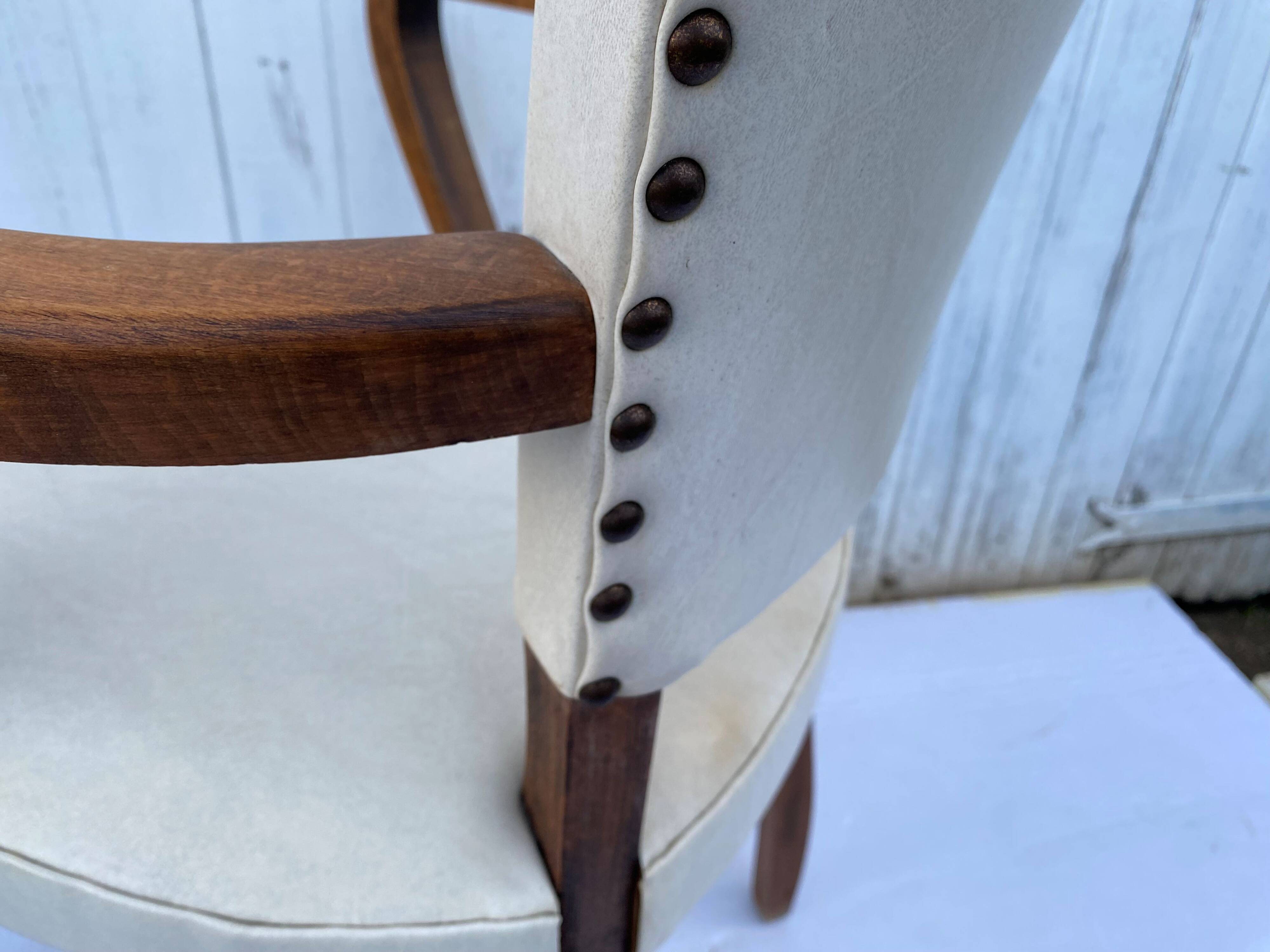 Art deco bridge armchair skai ivory white and solid wood 1930s