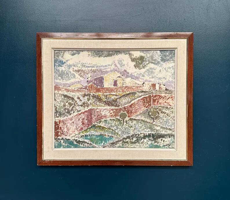 Original Swedish Oil on Canvas – "Landscape with Buildings" by Gösta Nordblad – Signed – Vintage and Framed