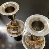 Pair of vintage candle holders in silver metal and brass