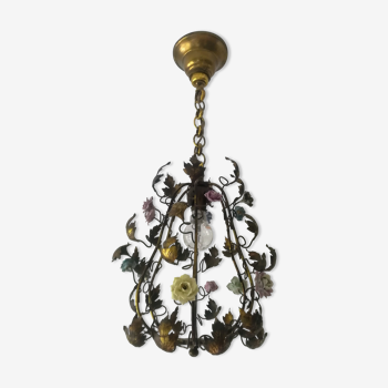 Brass cage chandelier and porcelain flowers