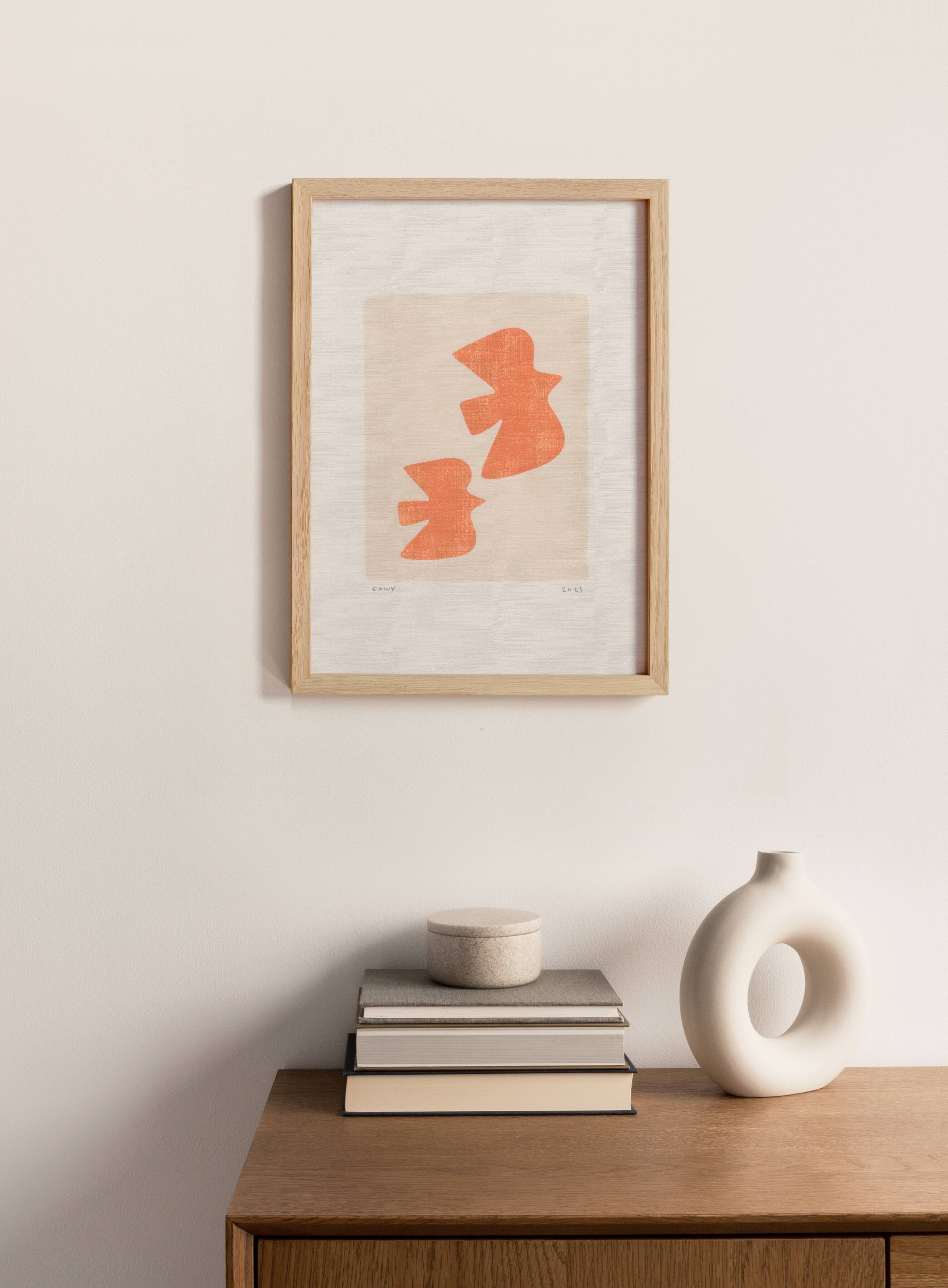 Peinture orange illustration oiseaux signée Eawy