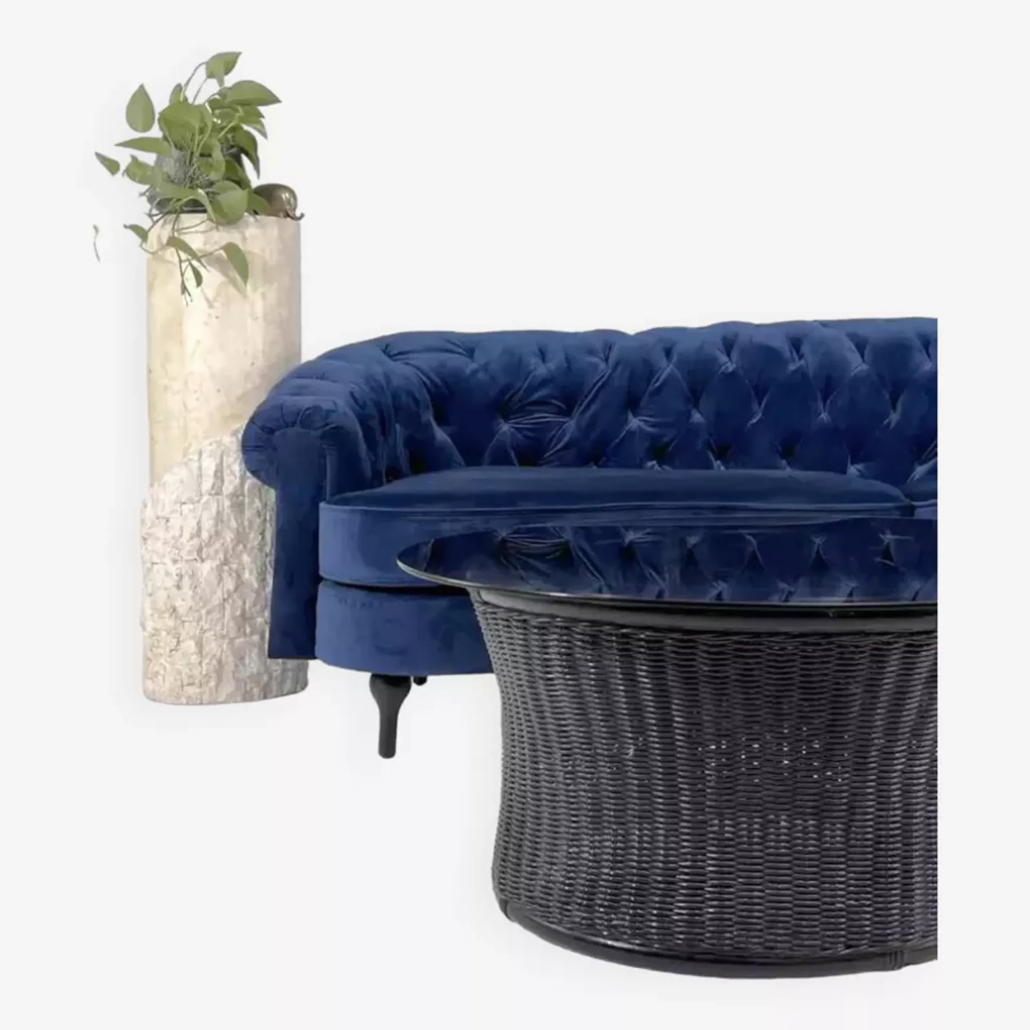 Table basse en rotin et verre fumé