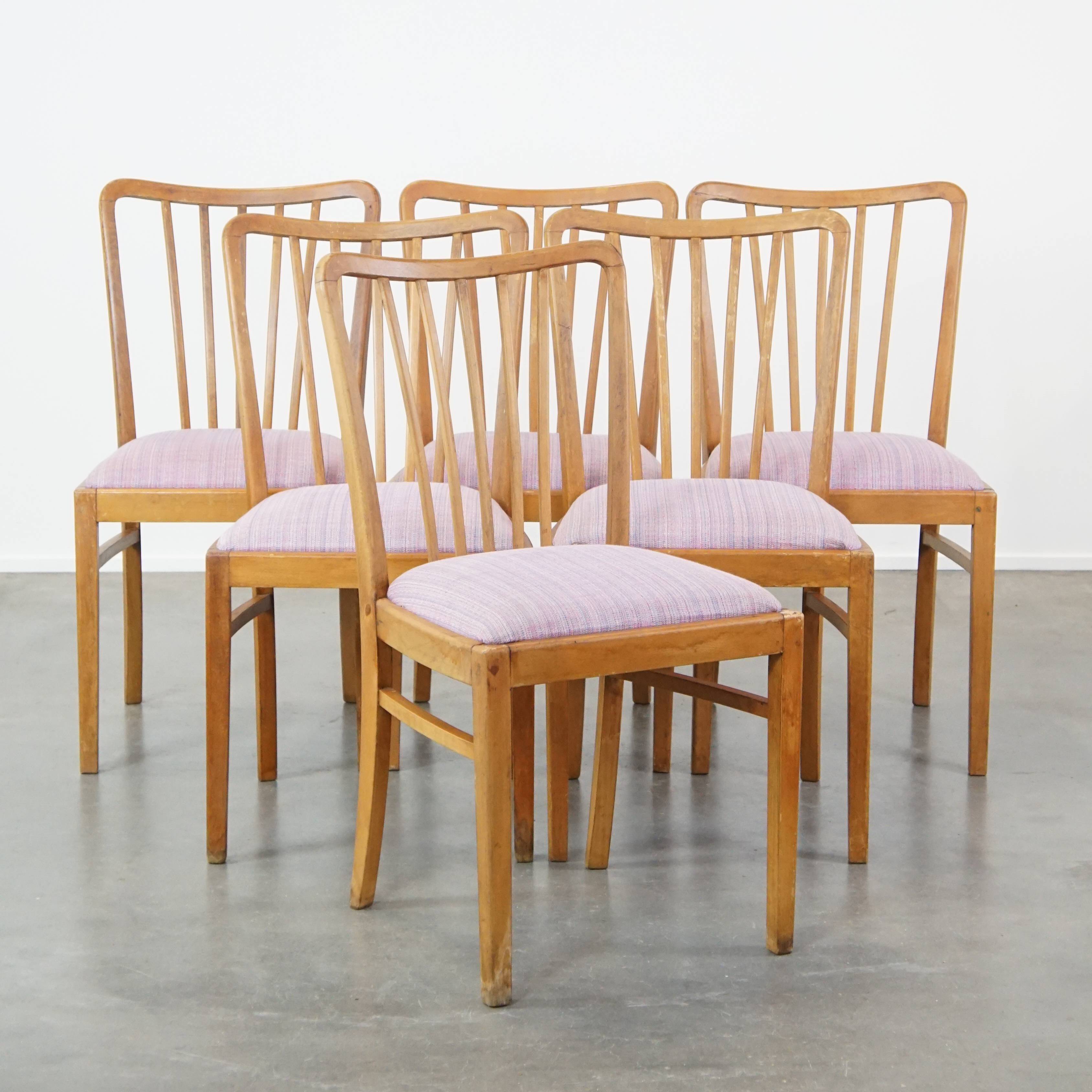 Set of 6 vintage Danish design dining chairs from the 1970s with light purple fabric seats