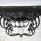 Wrought iron and black marble console, side table