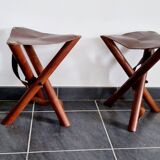 Set of teak and leather tripod stools