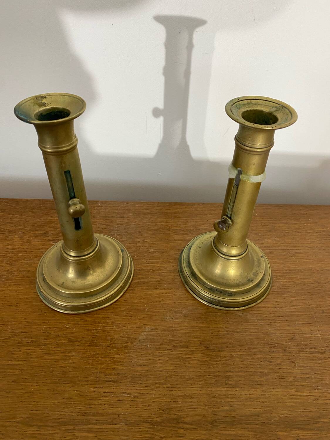 Pair of Antique Vintage Brass Push Candle Holders #C408