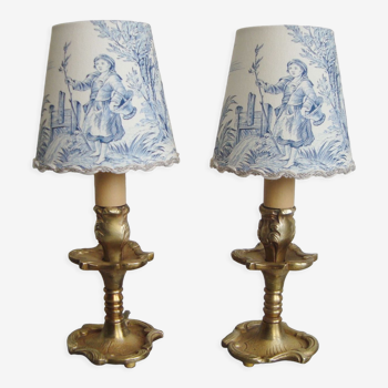 Pair of small vintage bronze lamps with handmade lampshade in toile de Jouy