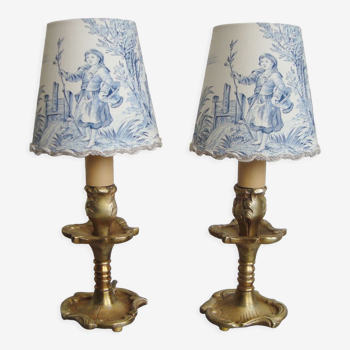 Paire de petites lampes vintage en bronze avec abat-jours fait main en toile de Jouy