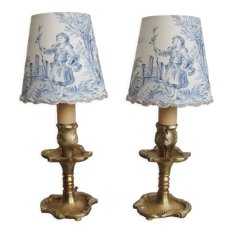 Paire de petites lampes vintage en bronze avec abat-jours fait main en toile de Jouy