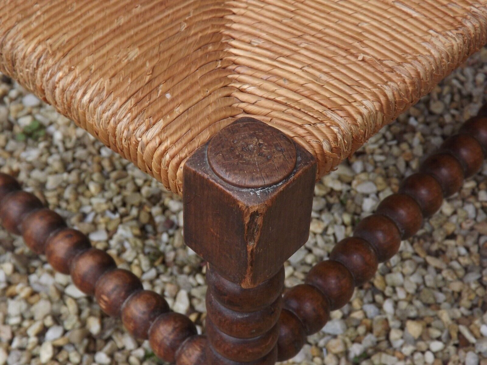 French antique turned wooden bobbin chair with rush seat 4156