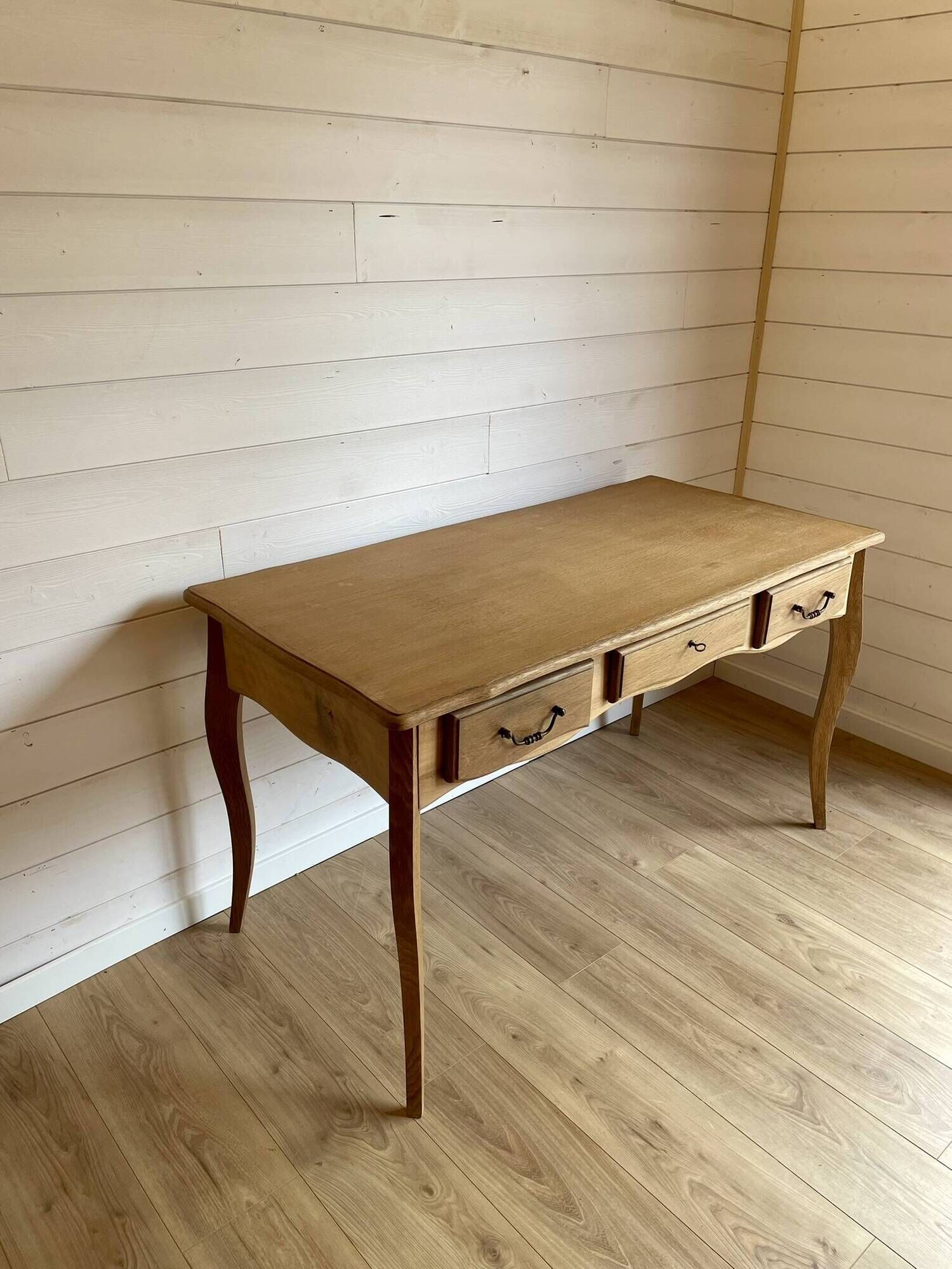Vintage light wood desk with 3 drawers in Louis Philippe style, chic country.
