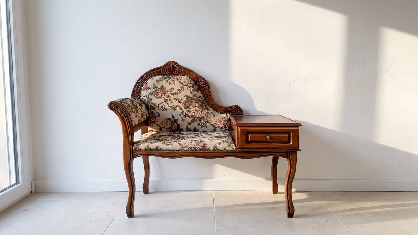 Antique wooden telephone bench in dark brown.