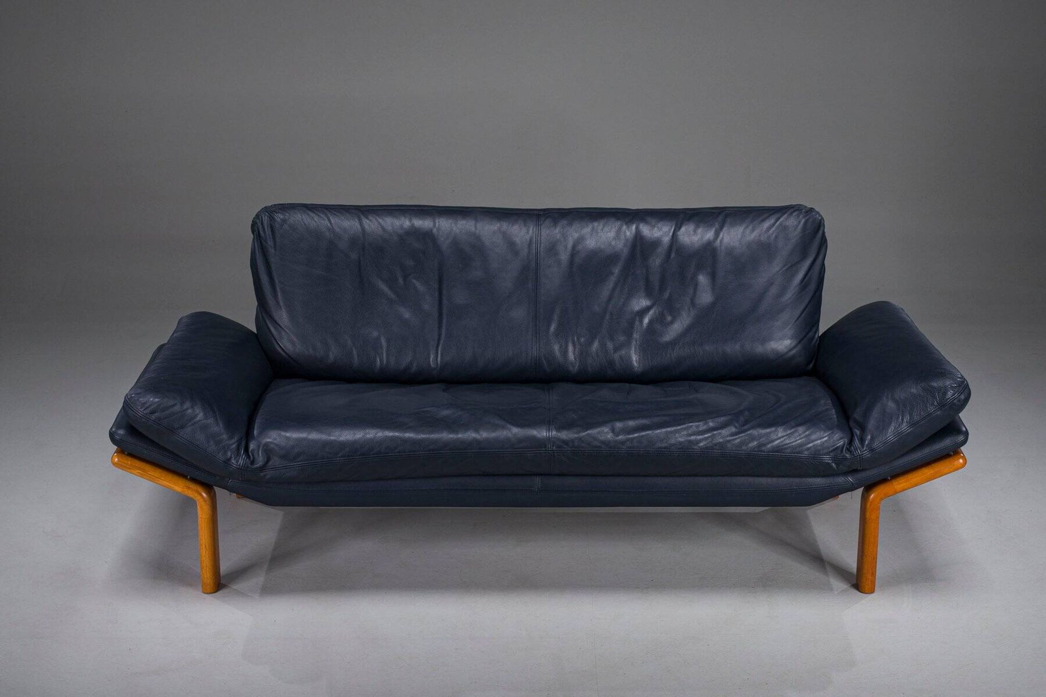Danish teak and navy blue leather 3-seater sofa from Komfort, 1970s